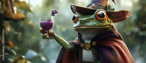 A whimsical frog dressed as a wizard, holding a colorful drink in a magical forest setting. Ideal for fantasy themes. photo