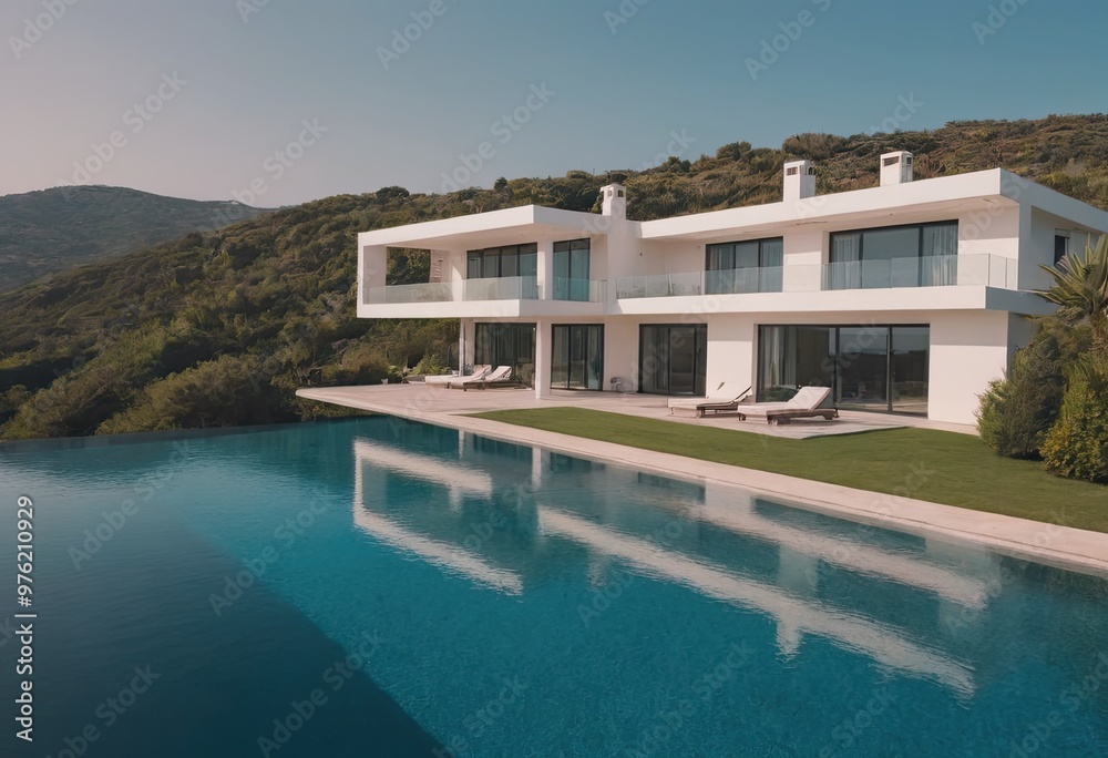 Fototapeta premium A beautiful white house with a refreshing pool in front