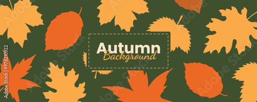 Minimal simple autumn background with fallen dry colorful leaves on green backdrop. Horizontal abstract banner with copy space for text autumn sale bright vibrant banner, poster, cover design template