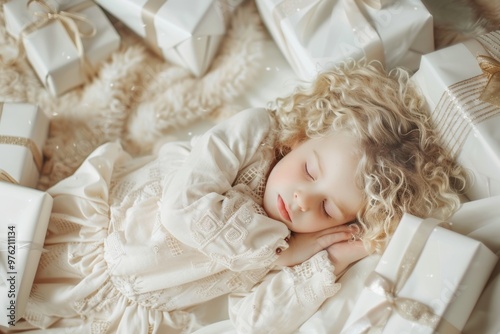 Angelic face curly hair snoozes gently serene setting. Her innocence white-haired girl finds peaceful escape sleep. Child represents purity and tranquility found restful sleep. photo