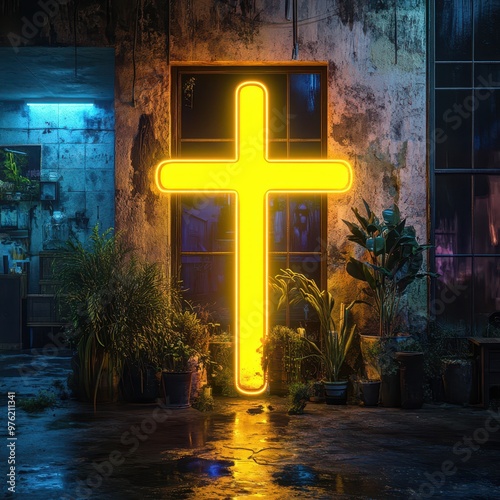 a neon yellow cross in front of a building photo