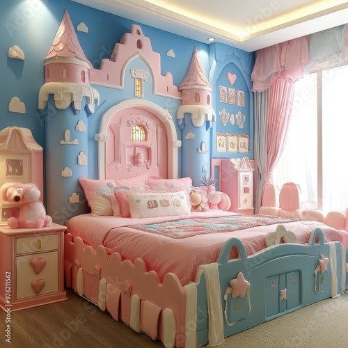 a pink and blue bedroom with a castle bed