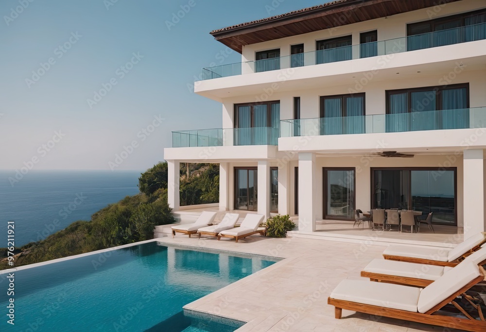 Obraz premium A beautiful white house with a refreshing pool in front