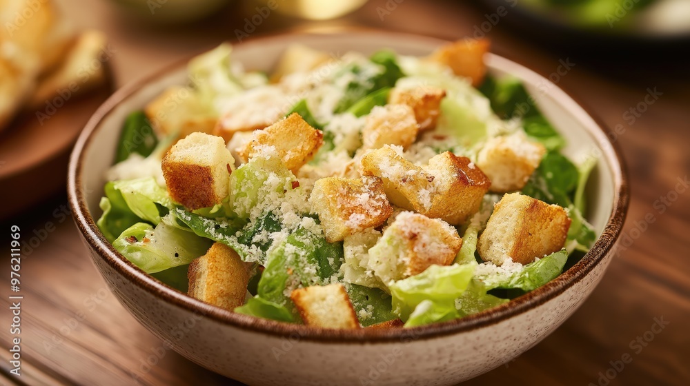 Delicious Caesar salad in a bowl on a wooden table. Close-up. Delicious Caesar salad in a bowl on a wooden table. Close-up.