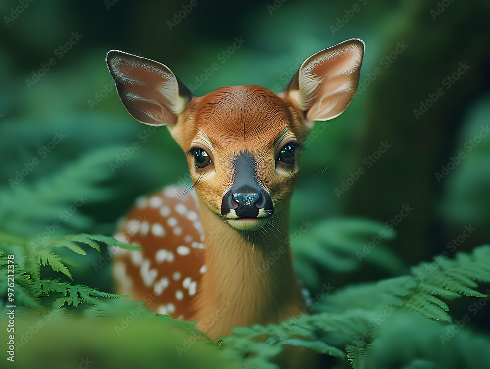 A young deer stands gracefully amidst lush green ferns, embodying the beauty of nature and wildlife in a tranquil forest setting. A young deer stands gracefully amidst lush green ferns, embodying the beauty of nature and wildlife in a tranquil forest setting.