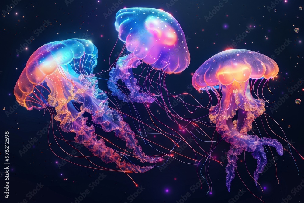 Three vibrant jellyfish swim elegantly in deep waters, showcasing their stunning bioluminescent colors against a dark background, creating an enchanting atmosphere. Three vibrant jellyfish swim elegantly in deep waters, showcasing their stunning bioluminescent colors against a dark background, creating an enchanting atmosphere.