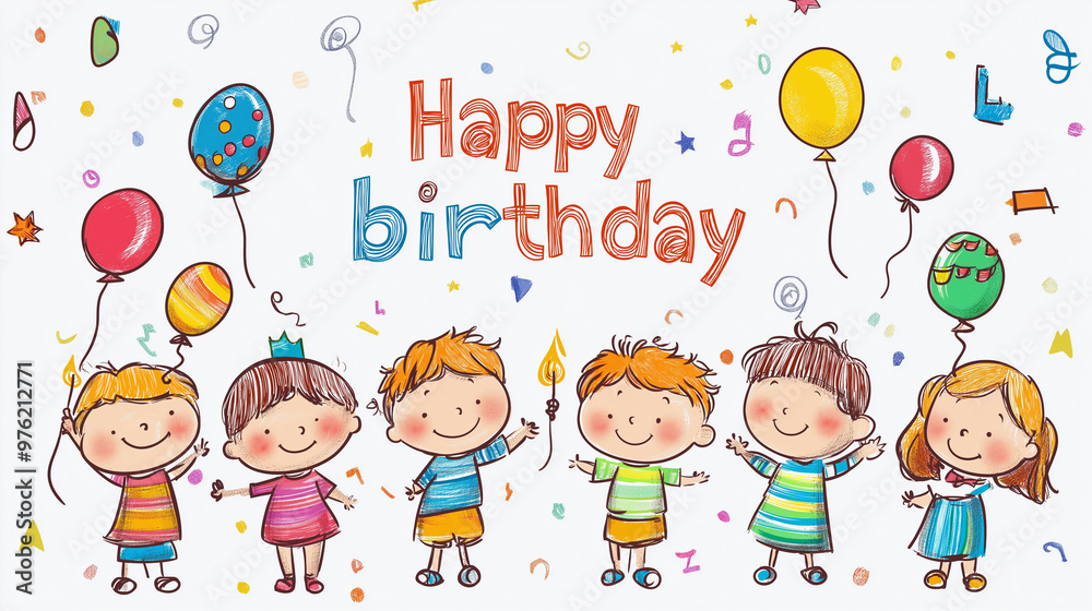 Children hand draw text Happy birthday colorfull