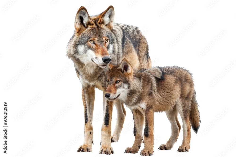 Two wolves stand side by side, possibly in a pack or as a mating pair Two wolves stand side by side, possibly in a pack or as a mating pair