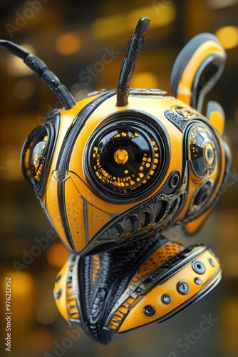 a robot head with a yellow and black design photo