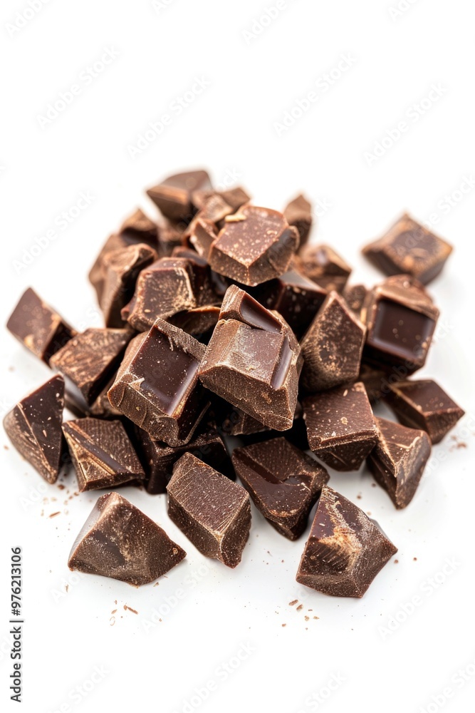 A pile of assorted chocolate pieces on a clean white surface, great for editorial or commercial use A pile of assorted chocolate pieces on a clean white surface, great for editorial or commercial use