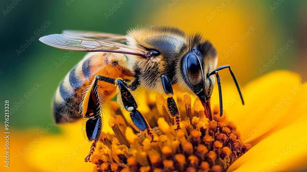 A macro photograph of a bee pollinating a flower. A macro photograph of a bee pollinating a flower.