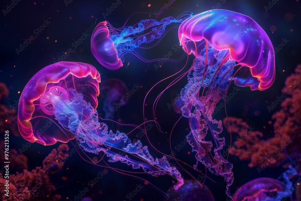 Vibrant jellyfish illuminate the underwater world, showcasing their ethereal beauty as they drift through dark waters during a marine adventure. Vibrant jellyfish illuminate the underwater world, showcasing their ethereal beauty as they drift through dark waters during a marine adventure.