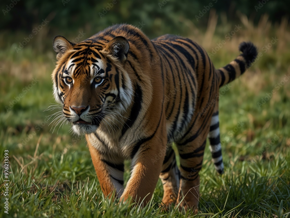 Sumatran tiger walking through grassland. Sumatran tiger walking through grassland.
