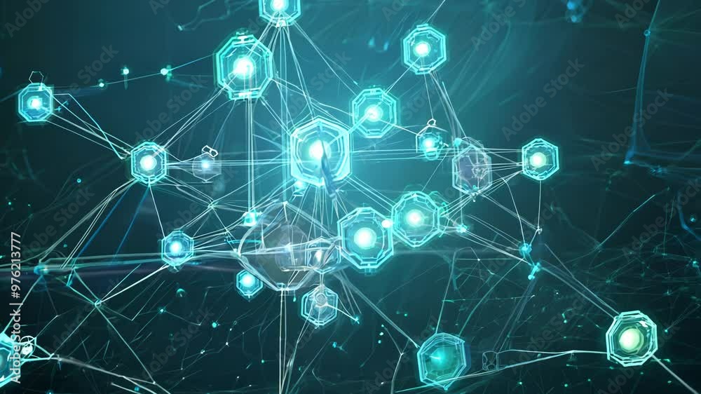 Nanobots assembling microscopic structures in scientific abstract concept. Microlevel ai bots in motion