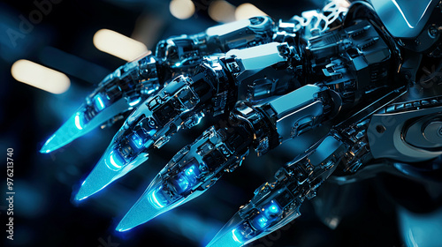 Close-up of robotic claws gripping delicate components, glowing blue lights, ultra-realistic metal surfaces