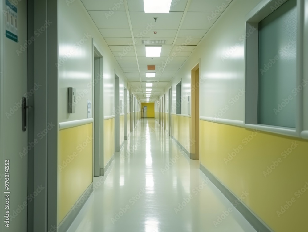 Long corridor in a hospital or clinic with bright lighting and clean walls Long corridor in a hospital or clinic with bright lighting and clean walls