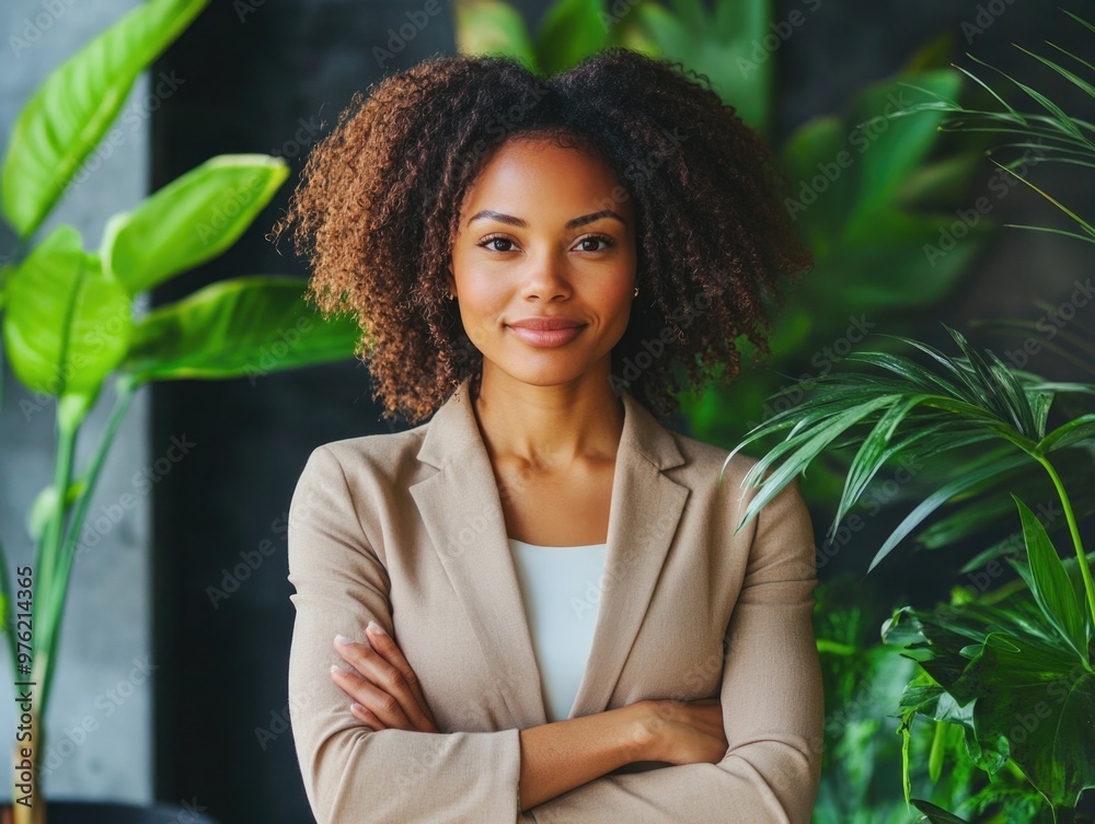 Confident businesswoman in natural office setting with greenery Confident businesswoman in natural office setting with greenery