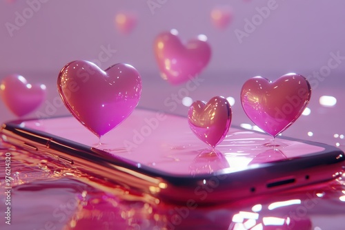 a phone with pink hearts floating on top of it photo