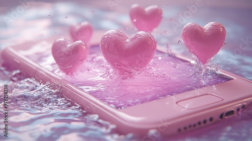 pink hearts floating in water on a cell phone
