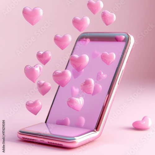 a pink phone with hearts floating around it