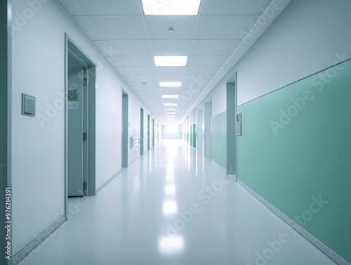 Long corridor in a hospital or clinic with bright lighting and clean walls