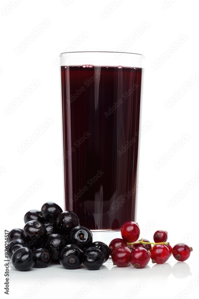 A refreshing glass of juice accompanied by a selection of colorful berries on a table A refreshing glass of juice accompanied by a selection of colorful berries on a table