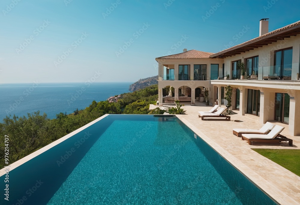 A beautiful white house with a refreshing pool in front A beautiful white house with a refreshing pool in front