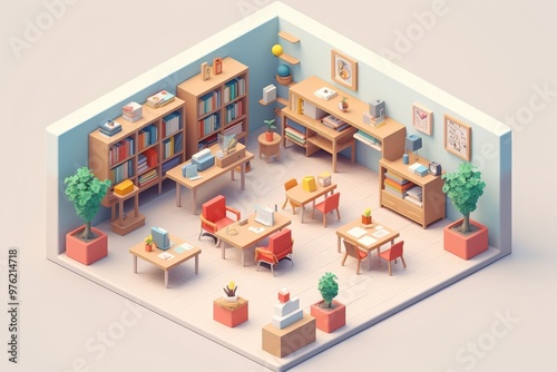 an isometric view of a room with furniture