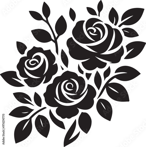 Set of three vector black silhouettes of rose flowers isolated on a white background.GENERATIVE AI