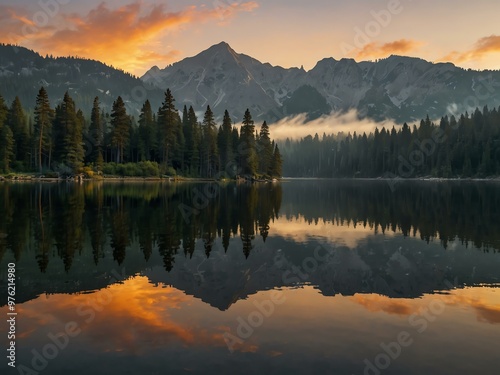 Sunrise over a serene mountain lake with reflected pine trees.