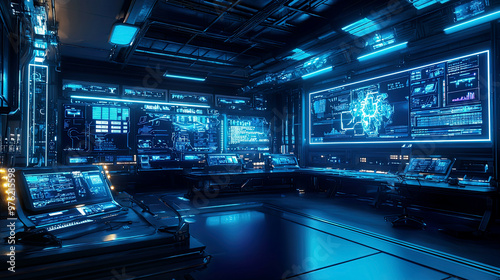 High-tech robotics lab with glowing screens, reflective surfaces, ultra-detailed environment