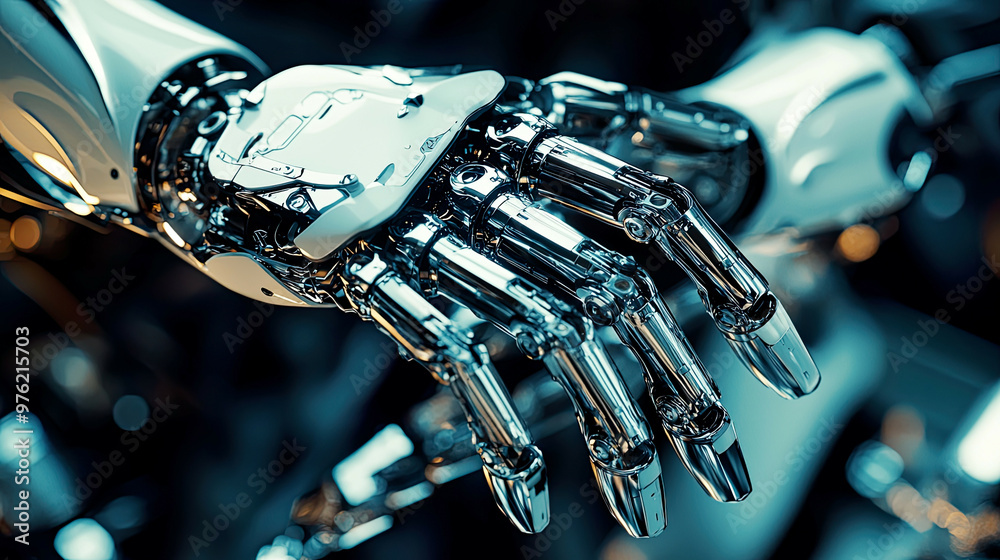 Hyper-detailed shot of robotic hands grasping precise mechanical components, reflective chrome