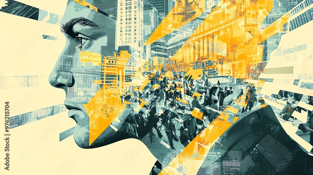 Fototapeta premium A creative double exposure image blending a man's profile with a bustling cityscape, symbolizing ambition and urban life.