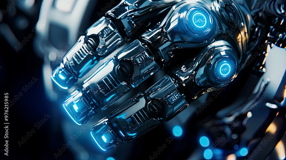 Intricate close-up of robotic joints, glowing blue indicators, ultra-realistic metallic textures Intricate close-up of robotic joints, glowing blue indicators, ultra-realistic metallic textures