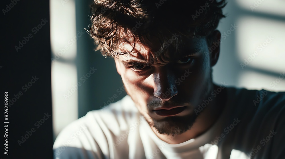 A dramatic portrait of a young man with intense gaze, emphasizing shadows and light for a striking visual effect. A dramatic portrait of a young man with intense gaze, emphasizing shadows and light for a striking visual effect.
