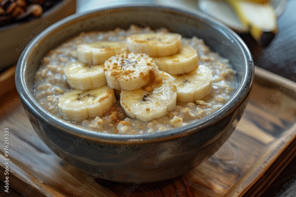 A bowl of oatmeal topped with sliced bananas. This photo is perfect for illustrating healthy breakfast recipes or showcasing the benefits of a balanced diet. A bowl of oatmeal topped with sliced bananas. This photo is perfect for illustrating healthy breakfast recipes or showcasing the benefits of a balanced diet.