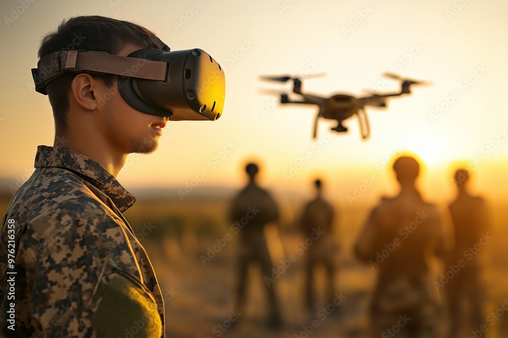 Soldier in virtual reality headset operating drone at sunset with team in background, military technology concept Soldier in virtual reality headset operating drone at sunset with team in background, military technology concept