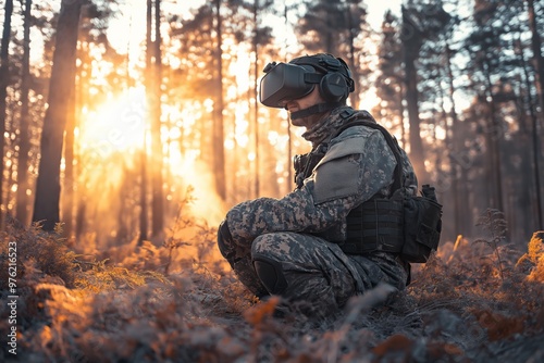 Soldier in camouflage gear using virtual reality headset in forest at sunrise, military training, technology concept photo