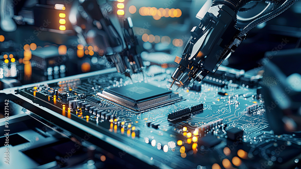 Macro shot of an advanced microchip being placed on a circuit board by robotic arms, fully automated electronics production, intricate details, ultra-realistic Macro shot of an advanced microchip being placed on a circuit board by robotic arms, fully automated electronics production, intricate details, ultra-realistic