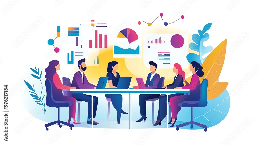 An illustration of a group of business professionals in a meeting, discussing data presented on a screen. An illustration of a group of business professionals in a meeting, discussing data presented on a screen.