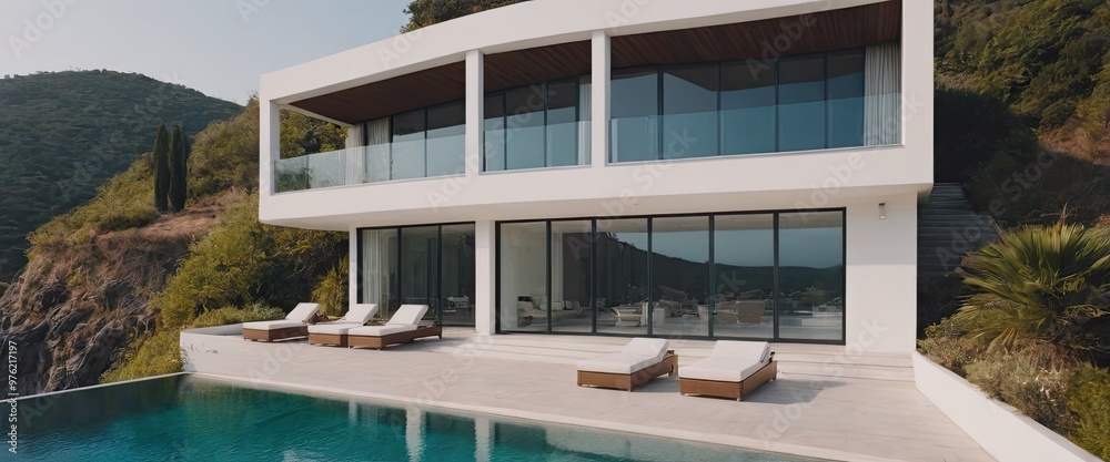 A beautiful white house with a refreshing pool in front
