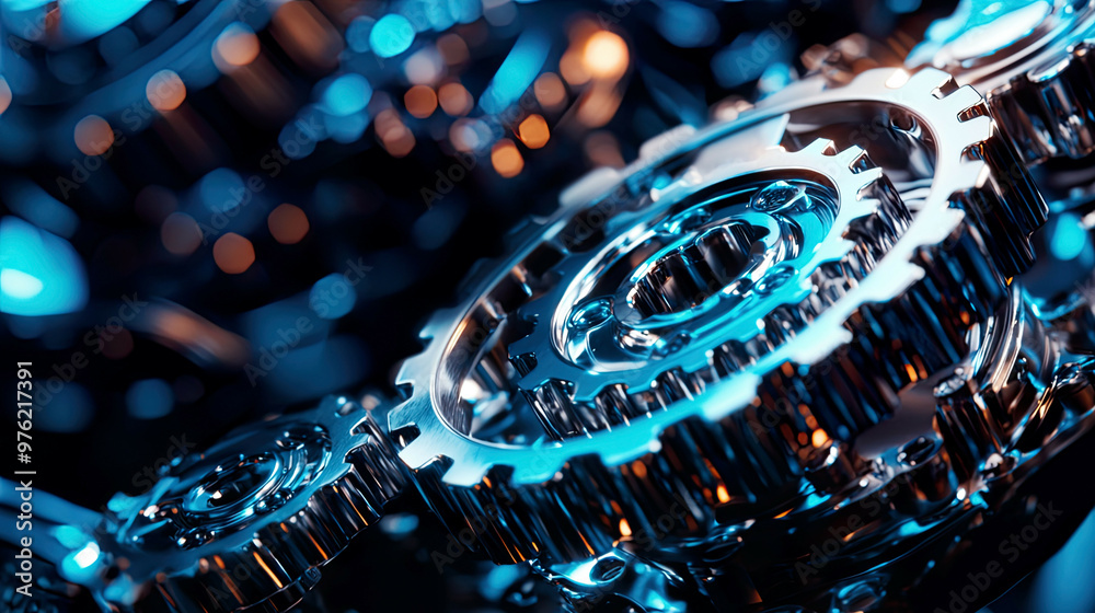 Fototapeta premium Macro shot of intricate robotic joints and gears, glowing blue reflections, sharp lighting, ultra-realistic details
