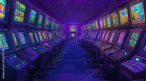 a long row of slot machines in a dark room