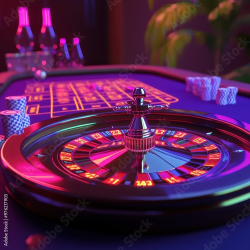 a casino table with a roule wheel and a bottle of alcohol photo