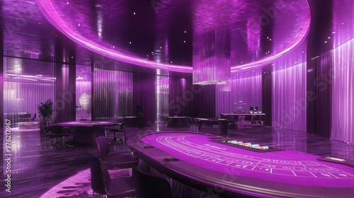 a casino room with purple lighting and a blackjack table photo