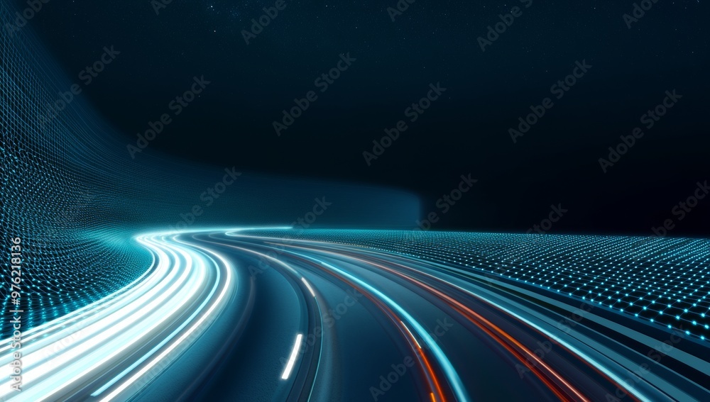 Fototapeta premium A highway road with white lines, under the starry sky, a dark blue background