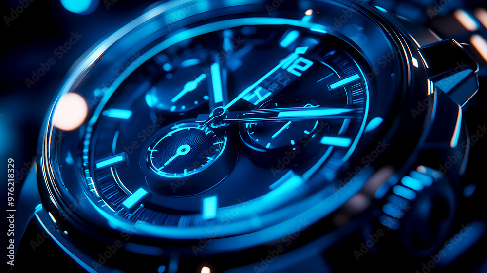 close-up of a futuristic wristwatch without numbers, its hands illuminated against a metallic blue dial close-up of a futuristic wristwatch without numbers, its hands illuminated against a metallic blue dial