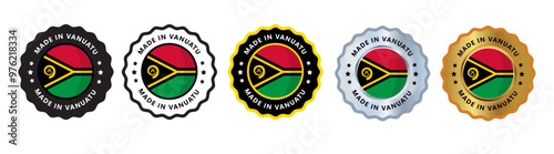 Made in vanuatu set of sign stamp badge, with varian color yellow black, silver, gold, black suitable for products manufactured, military, agriculture or food vector illustration eps editable text