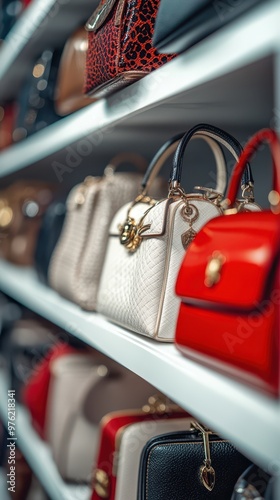 many different types of purses are on shelves photo