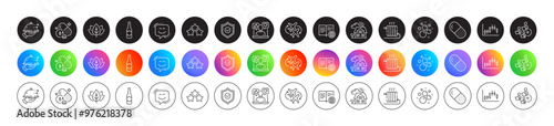 Radiator, Vitamin b6 and Add team line icons. Round icon gradient buttons. Pack of Beer bottle, Smile face, Organic tested icon. Ranking stars, Internet book, Candlestick graph pictogram. Vector